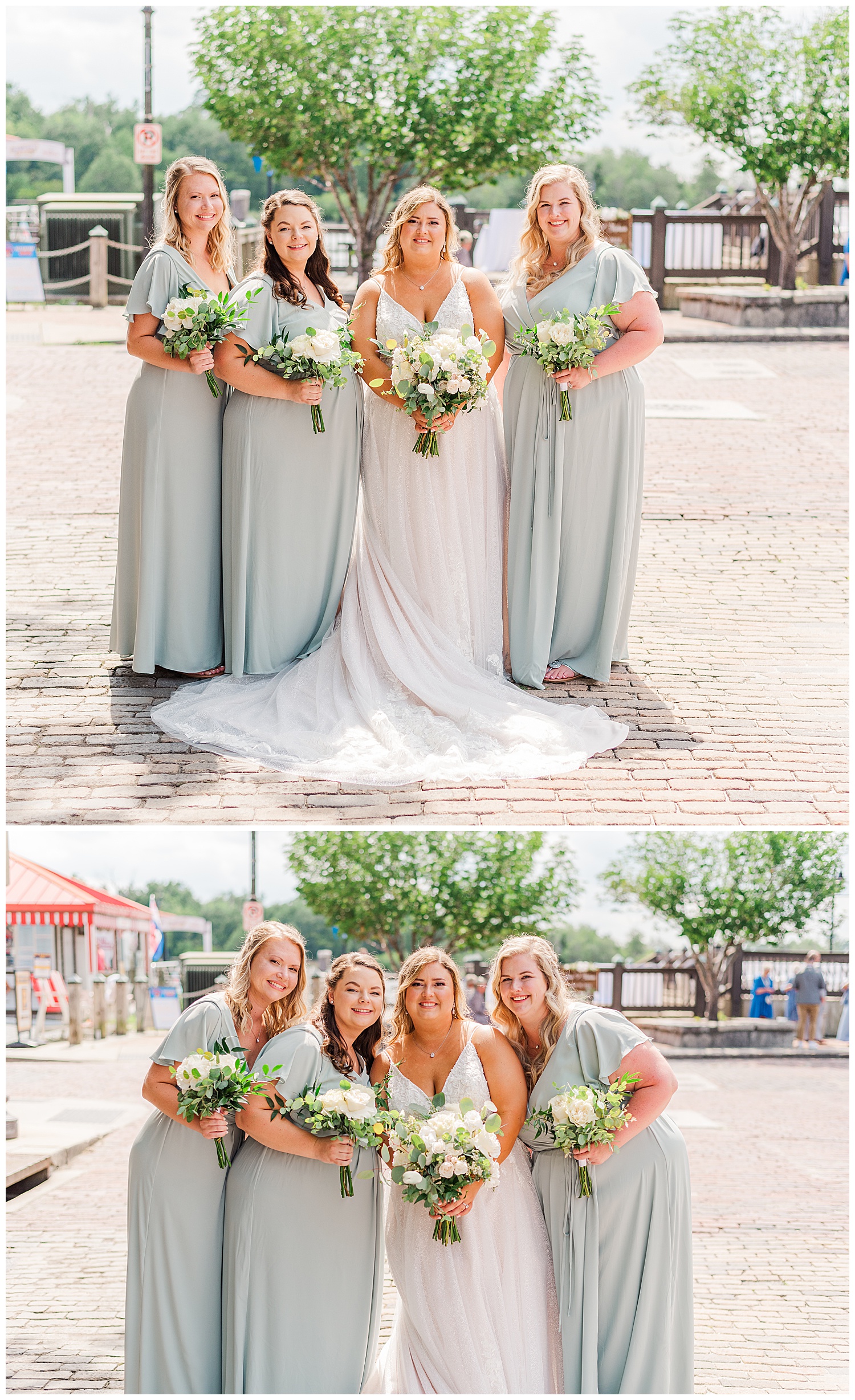 bride and bridesmaids posing outside The River Room in Wilmington
