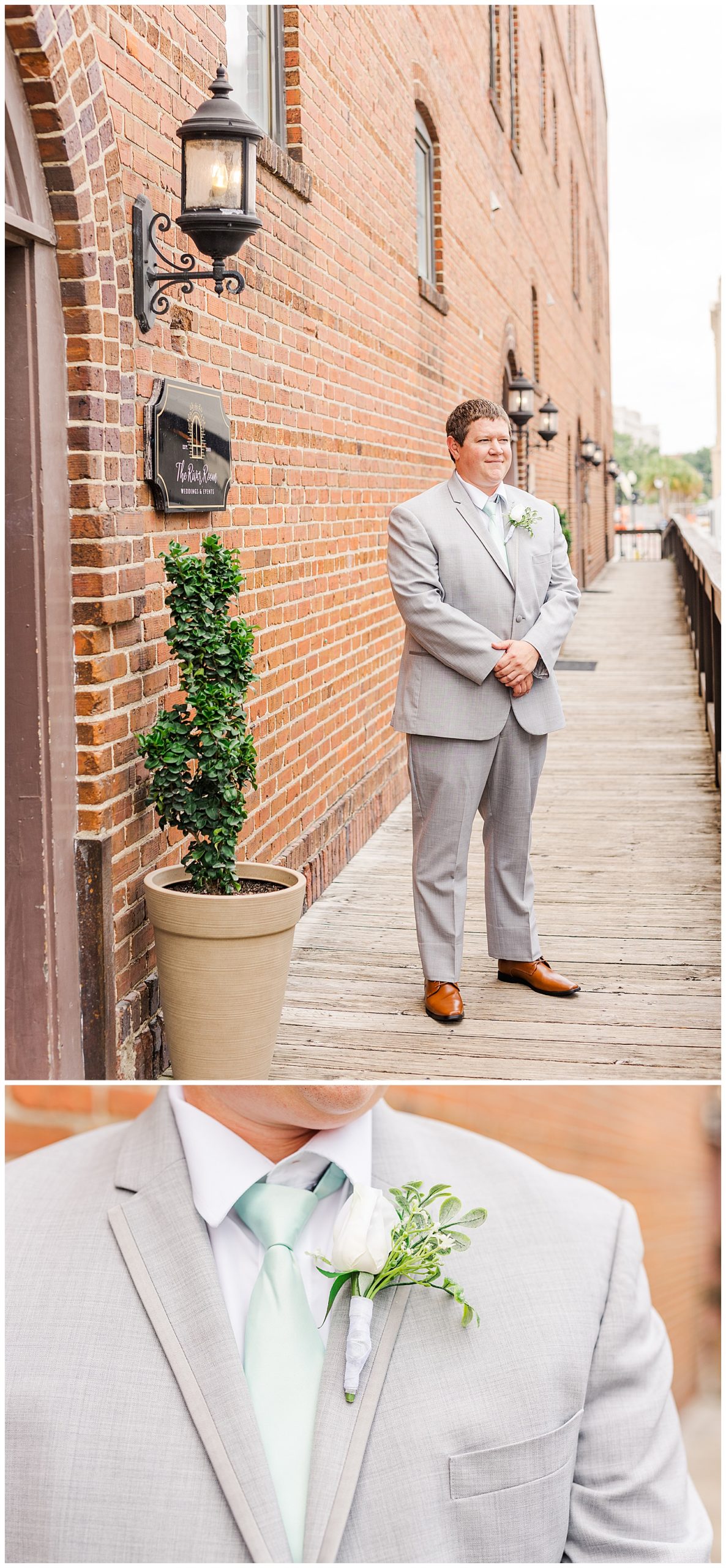 groom standing outside The River Room in Wilmington