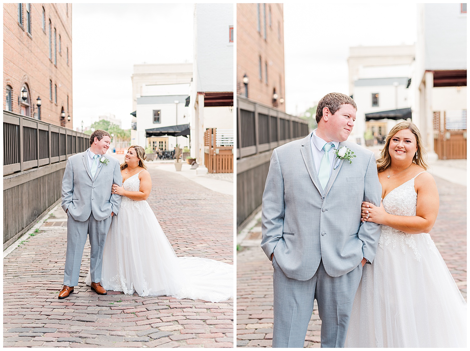 wedding couple standing outside The River Room in Wilmington