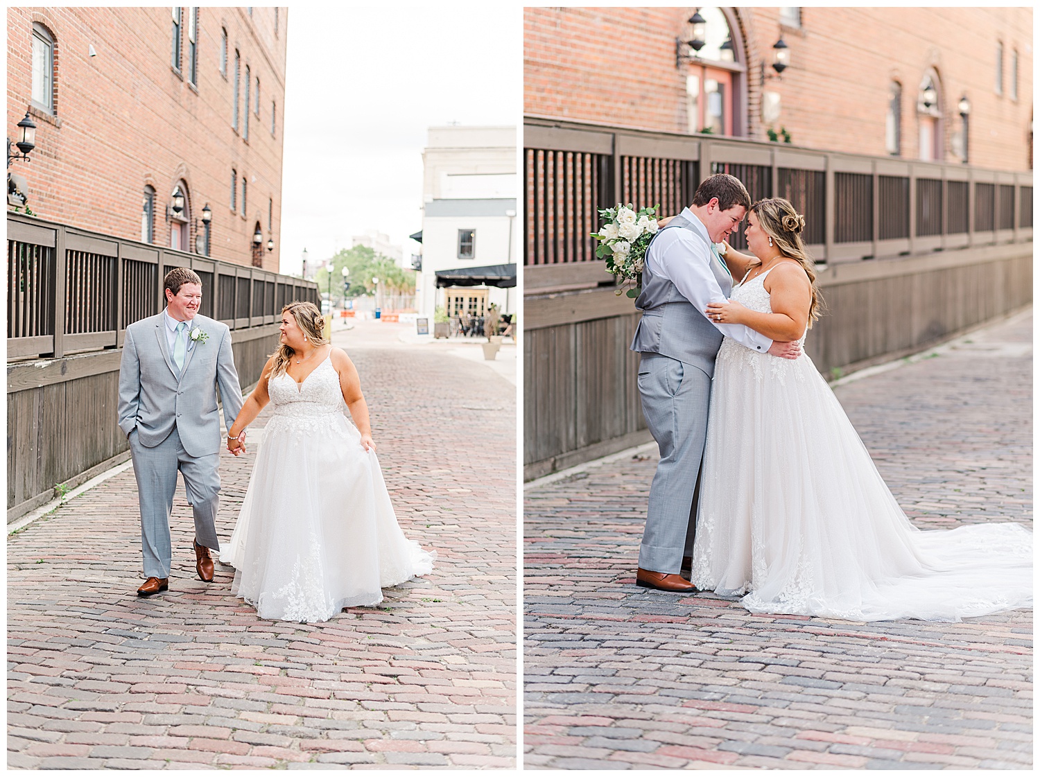 wedding couple walking outside The River Room in Wilmington