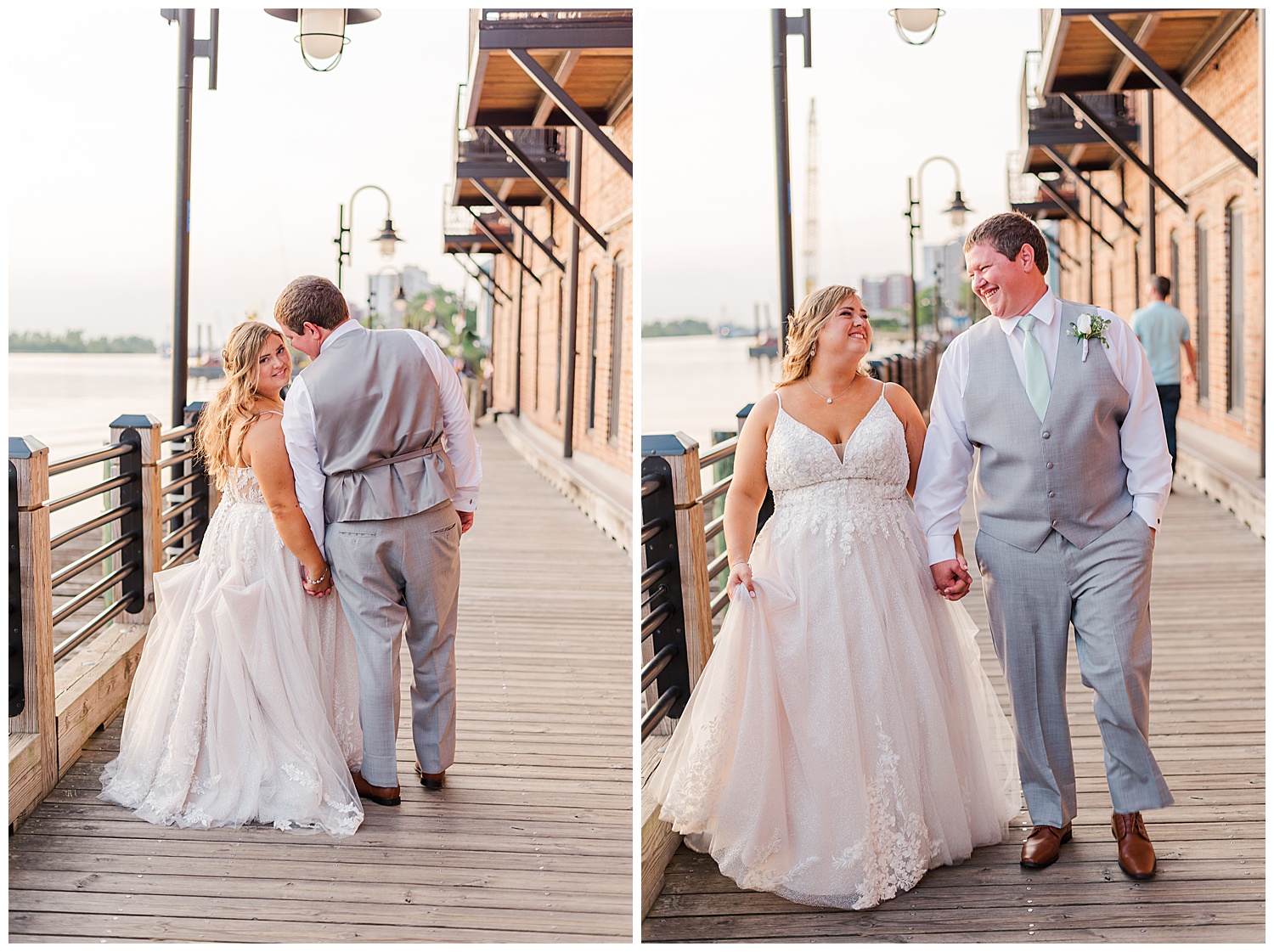 wedding couple walking next to the river in Wilmington, NC