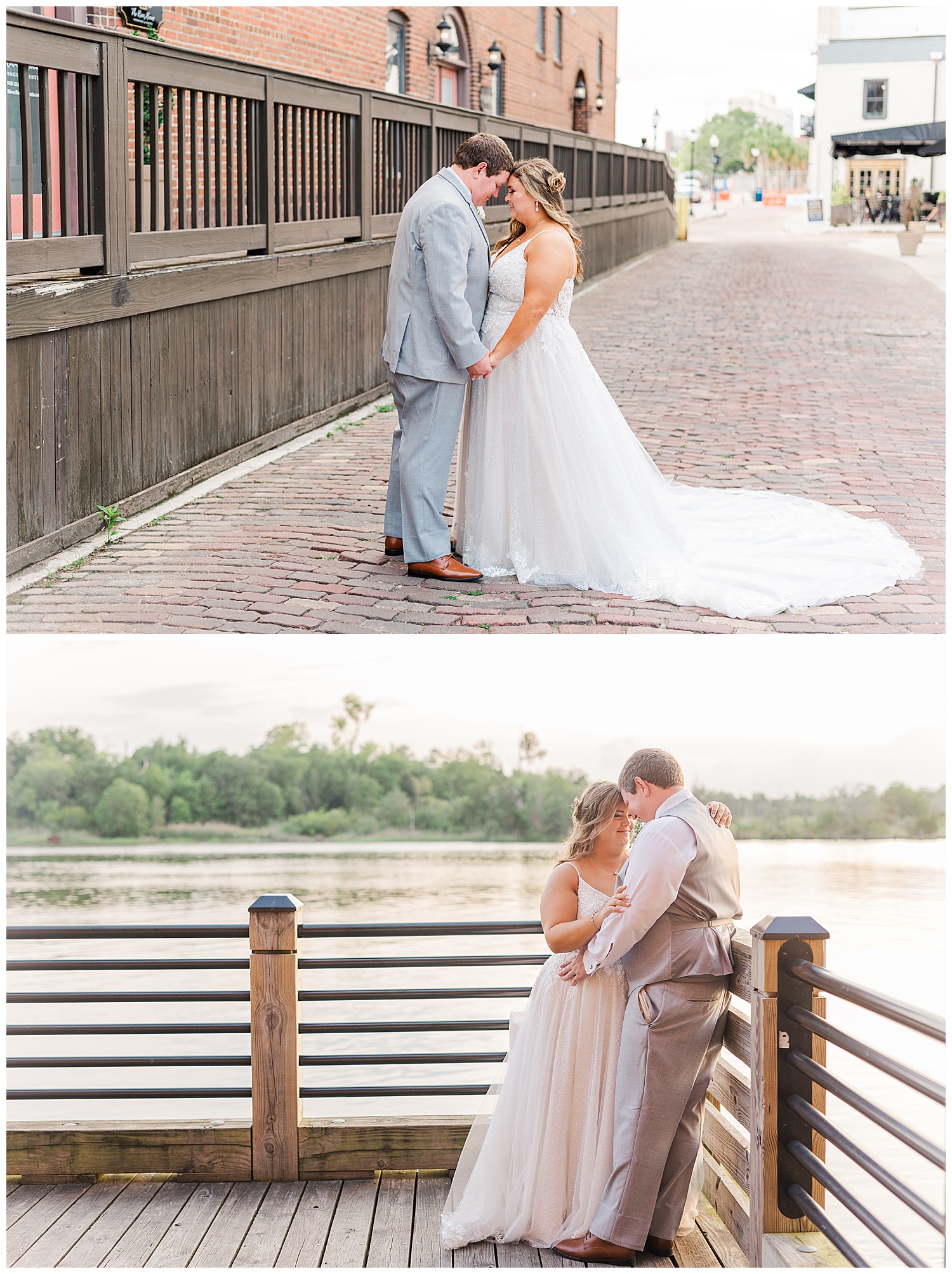 bride and groom posing behind The River Room in Wilmington, NC