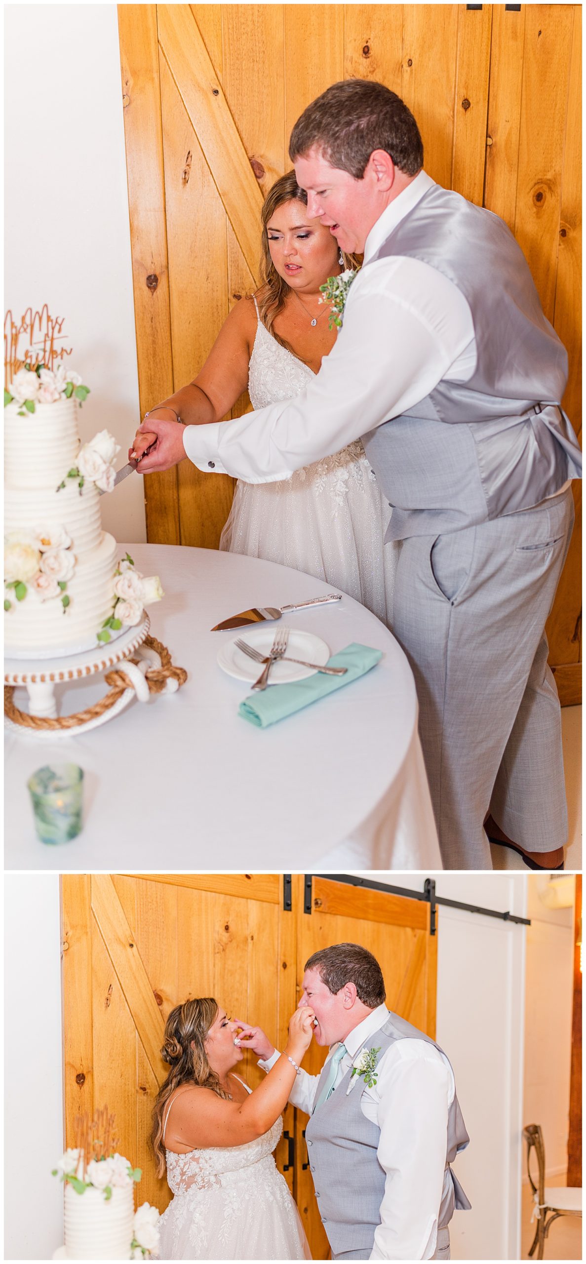 bride and groom cutting the cake at The River Room wedding venue