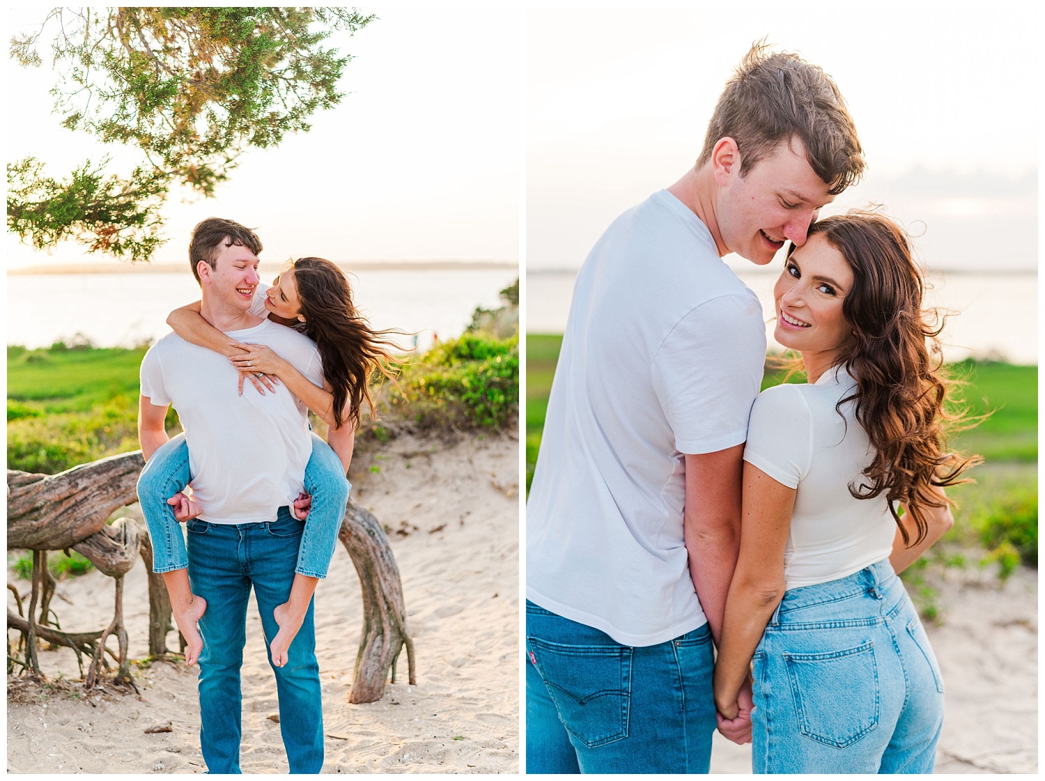 couple looking back during Kure Beach engagement session