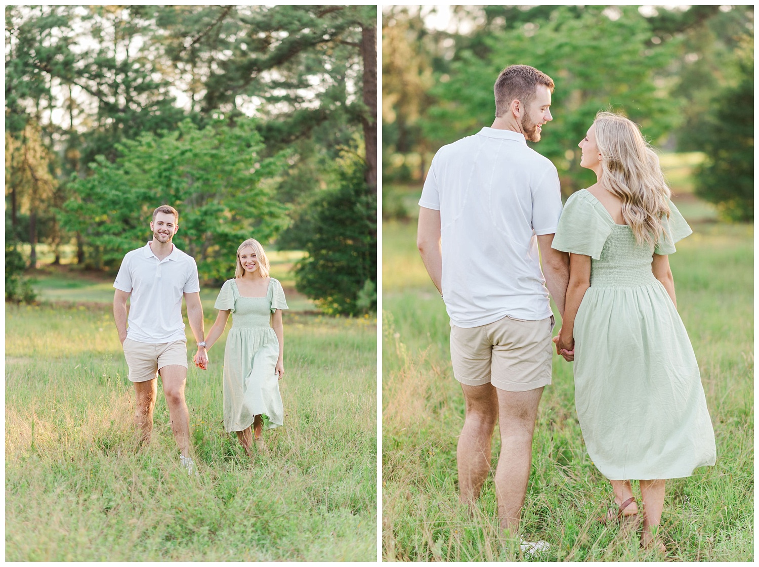 engaged couple walking together in a field in North Carolina