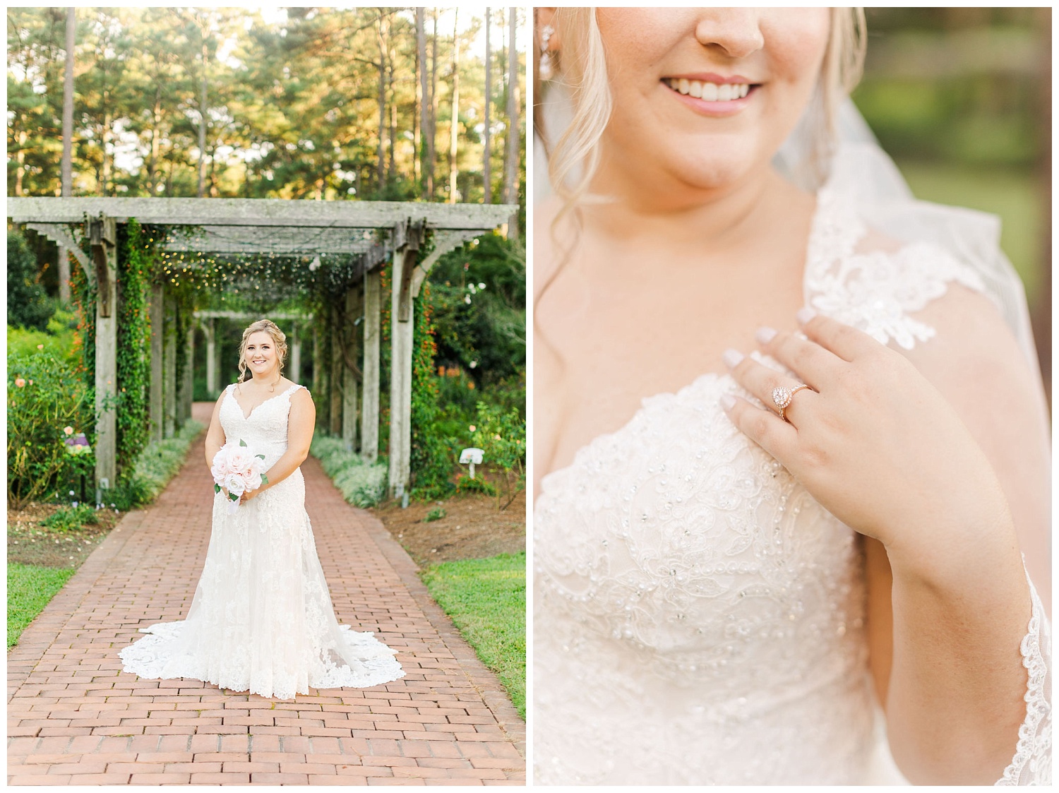 bride standing in front of a pergola outside for bridal photos