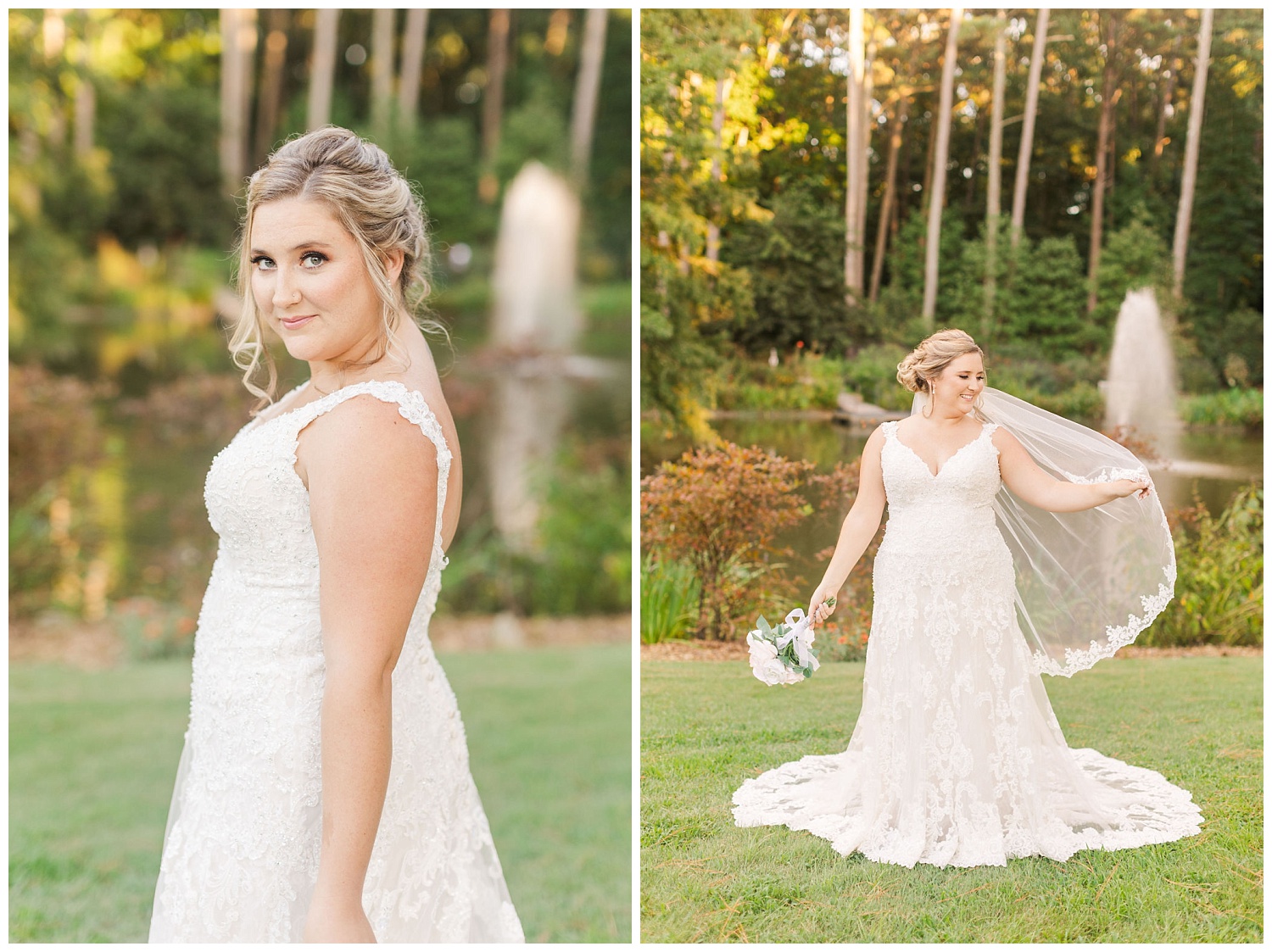 side profile of a bride standing in front of a pond