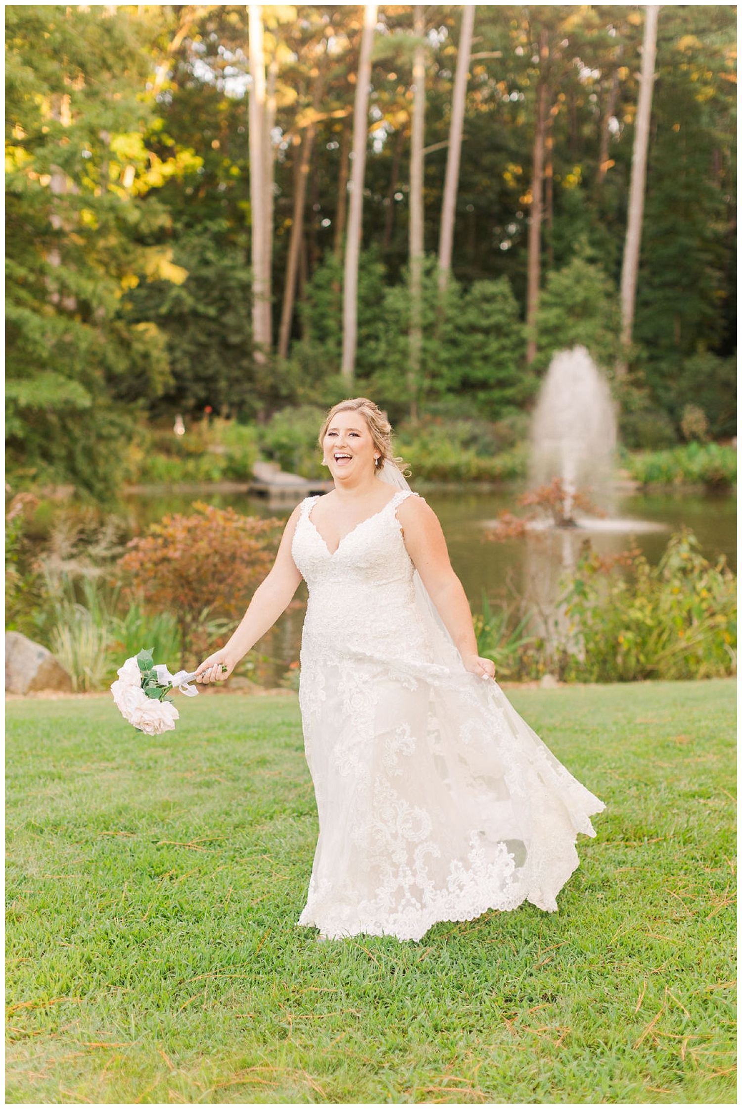 bride laughing and walking while holding dress at the Cape Fear Botanical Gardens