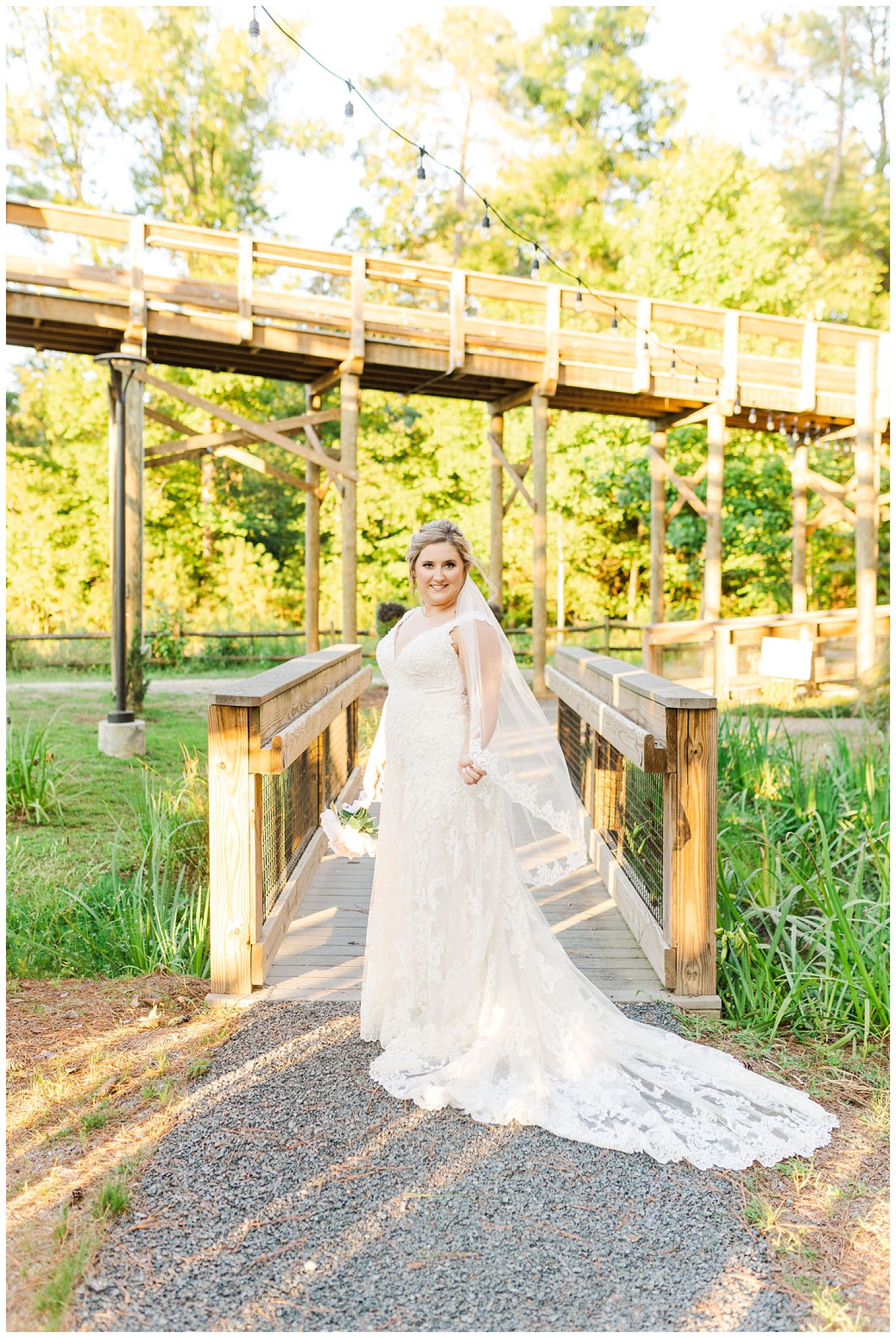 bride standing in front of a wood walkway at the Cape Fear Botanical Gardens