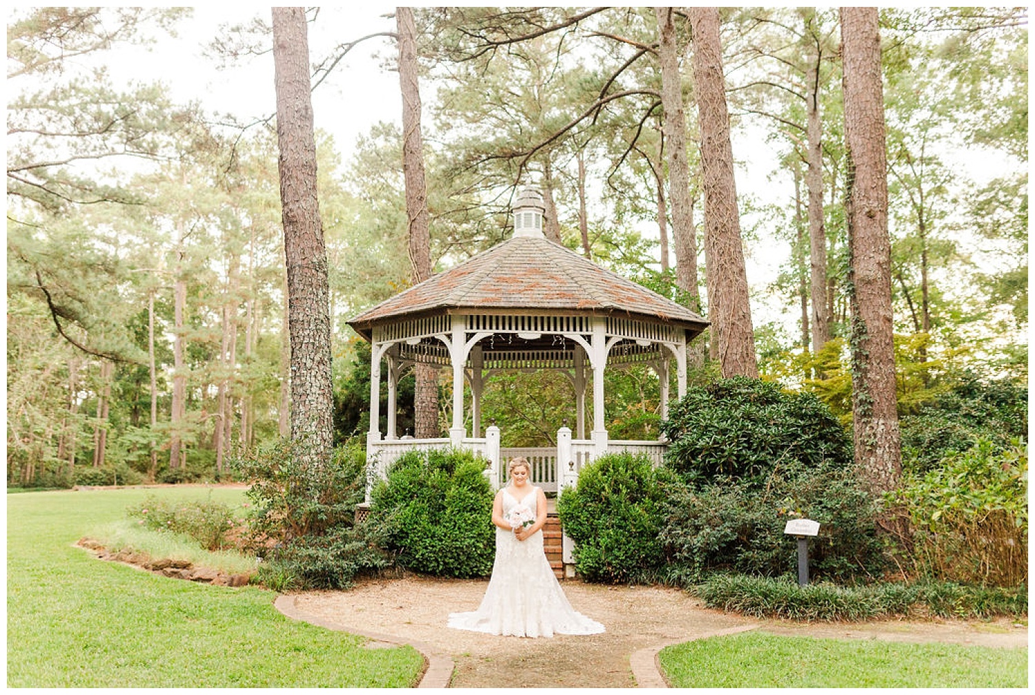 bride standing in front of a gazebo at Cape Fear Botanical Gardens