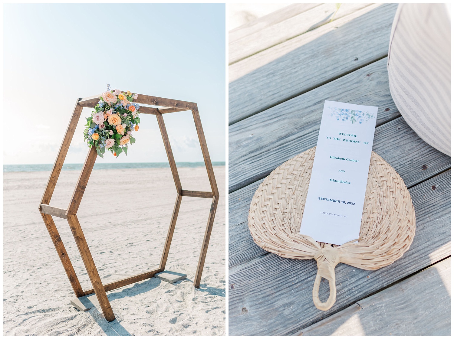ceremony details and arch with flowers at beach wedding