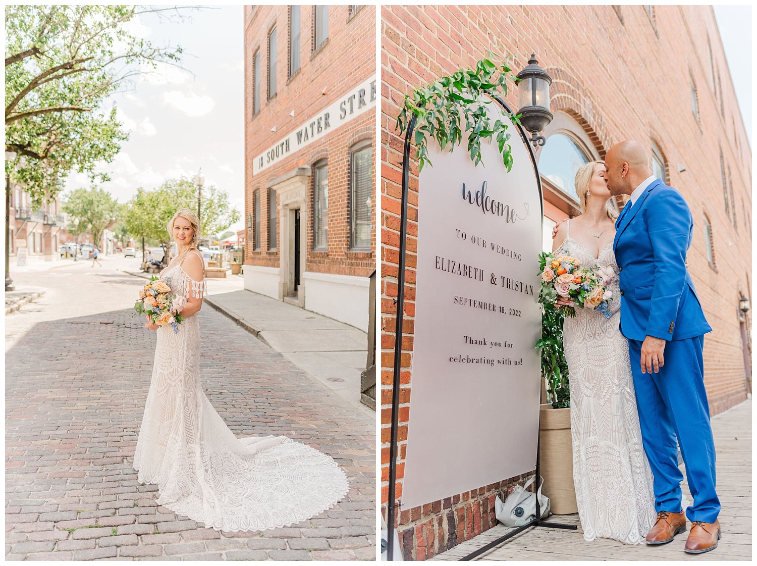 bride and groom standing next to their welcome sign to the reception in Wilmington