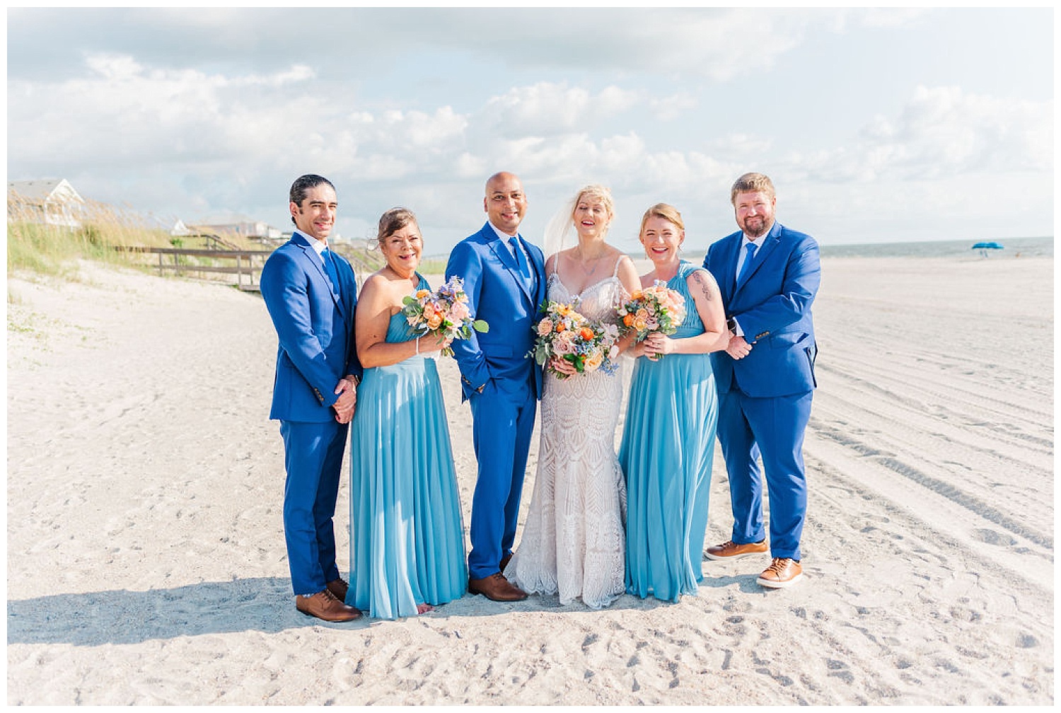 full bridal party on the beach in North Carolina
