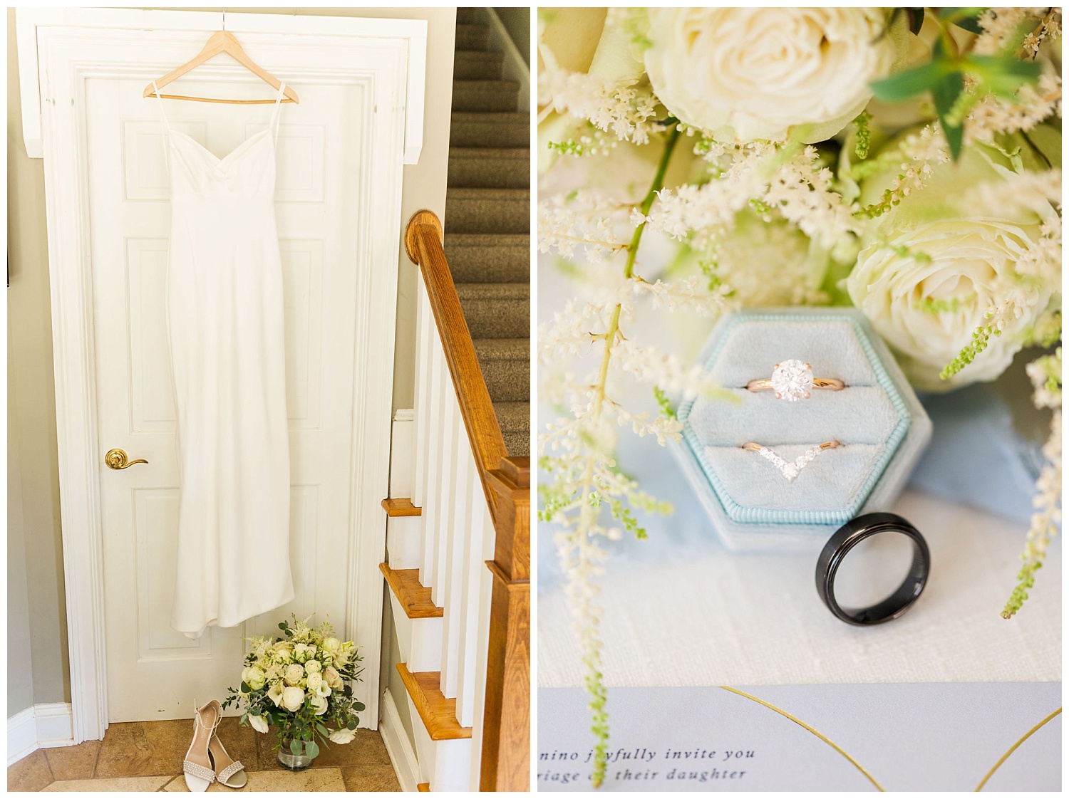 wedding dress hung up on a white door