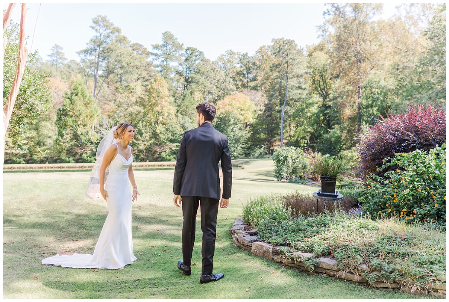 first look with bride and groom at the Chapel Hill Carriage House