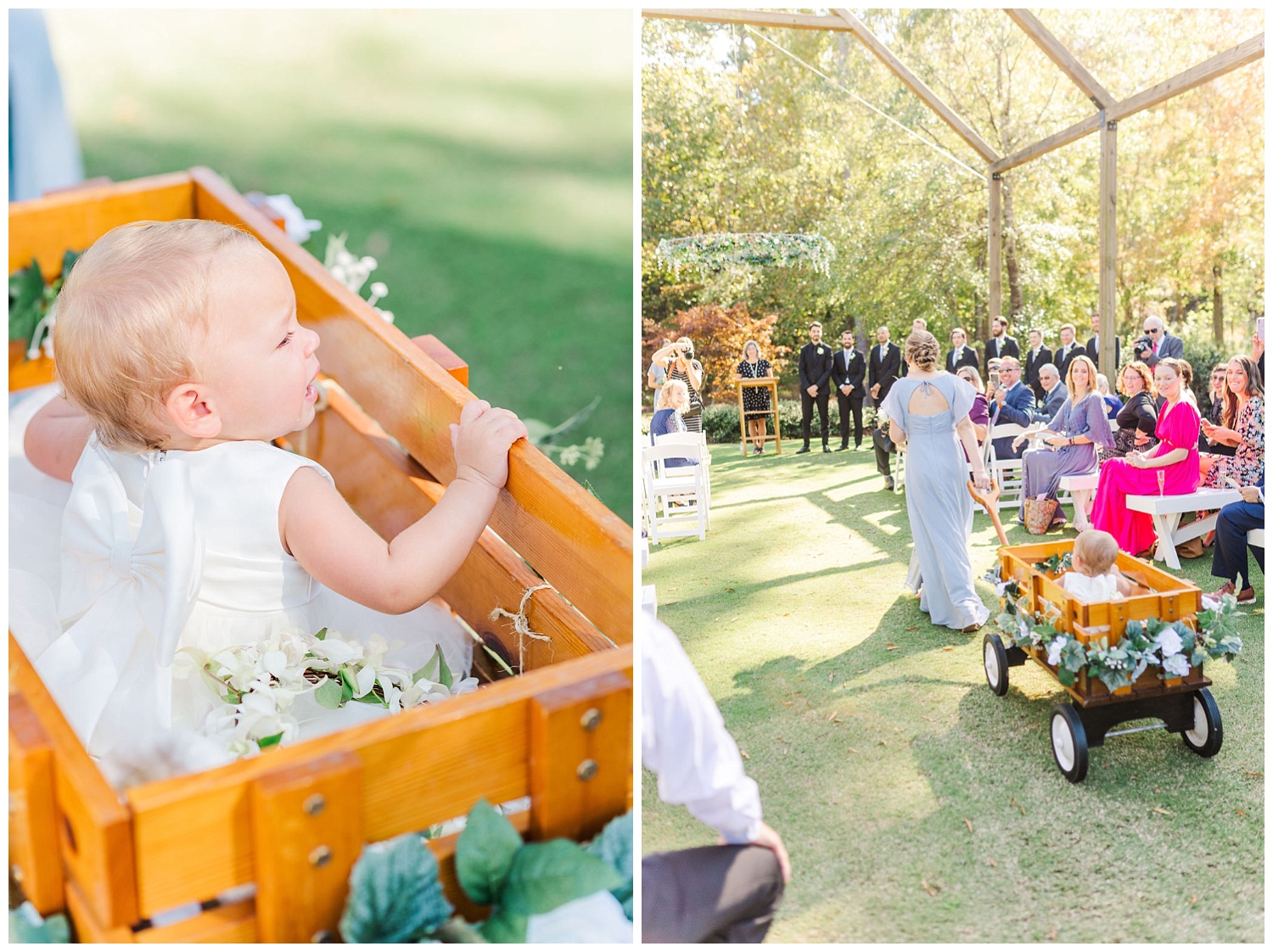 bride's niece coming down the aisle in a wagon