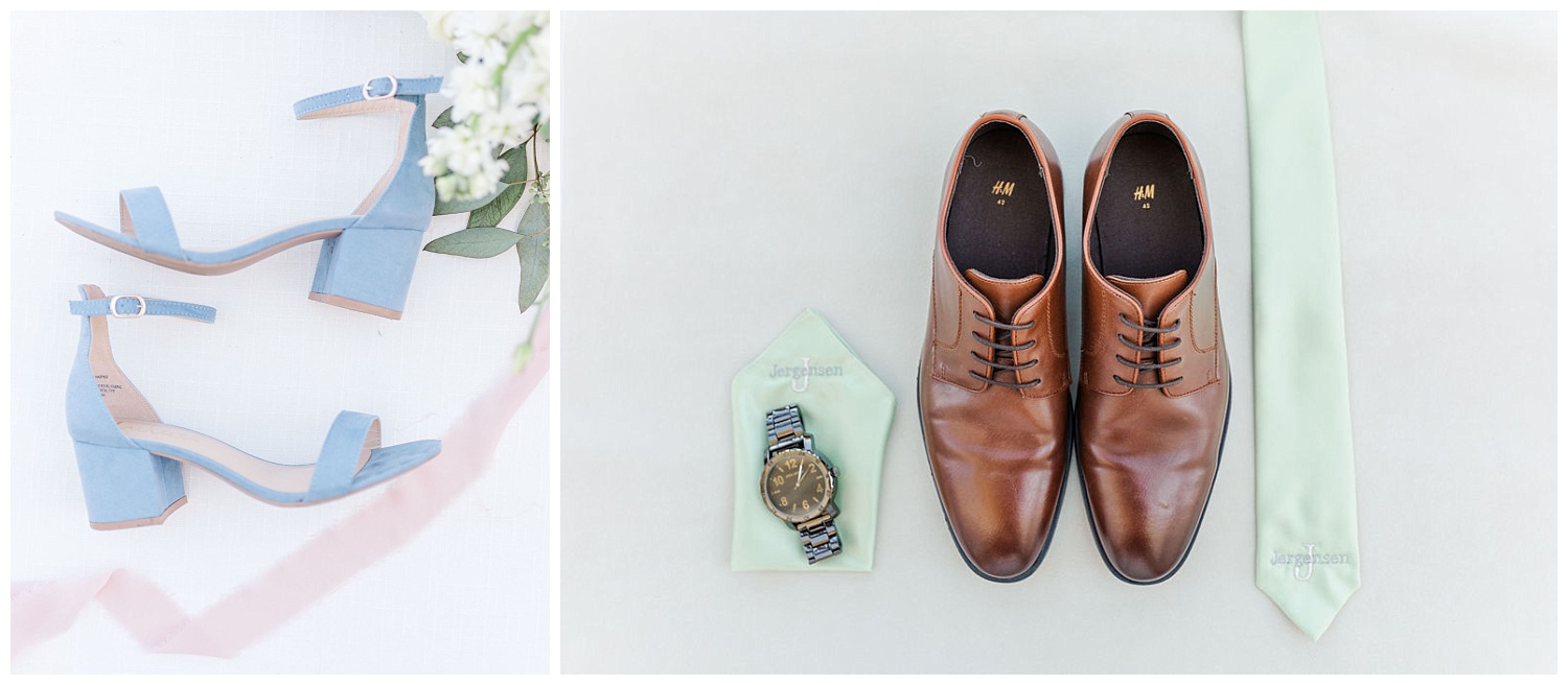 blue wedding shoes and groom's shoes and green tie