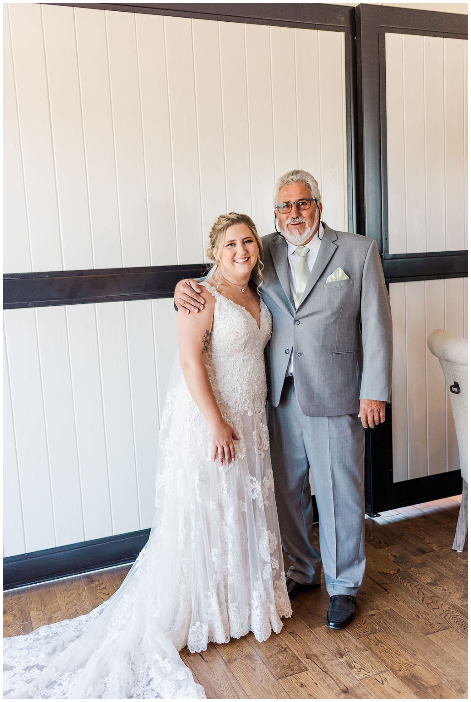 first look with bride and dad at wedding at The Carolina Barn