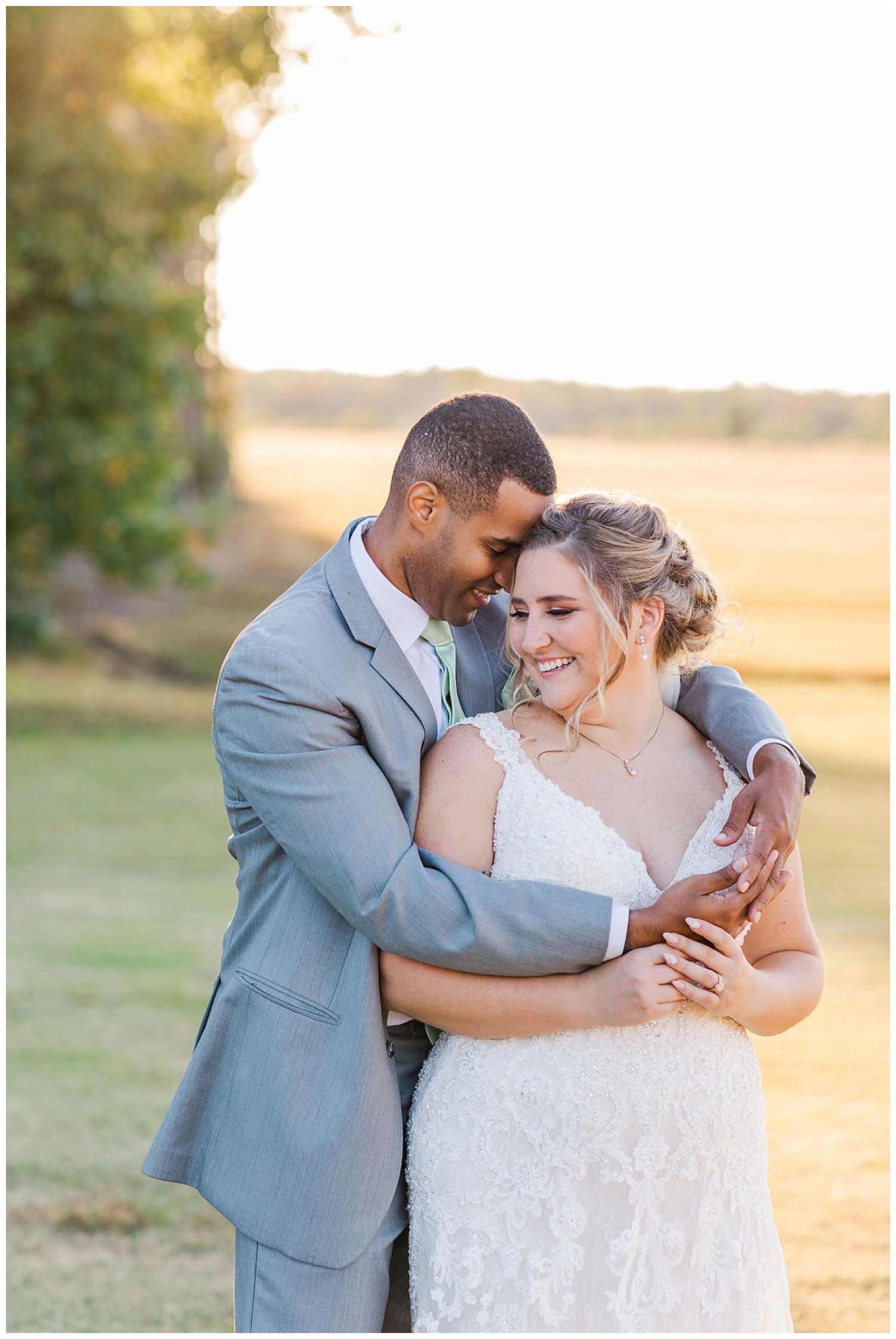 bride and groom portraits at golden hour at The Carolina Barn