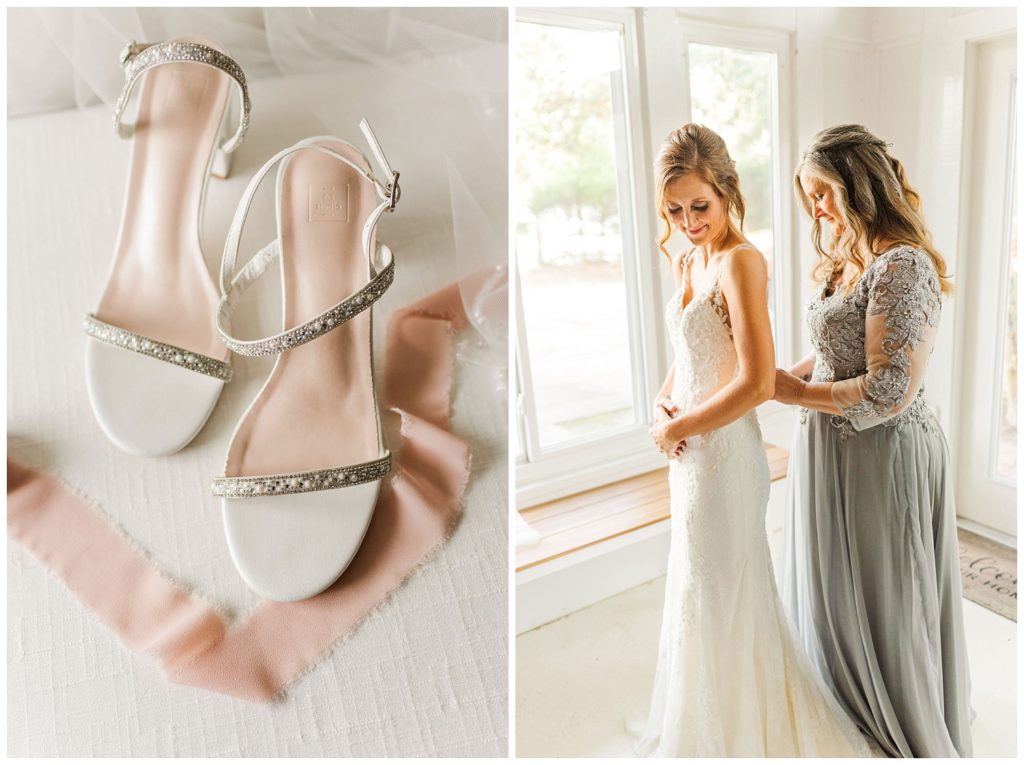 bride's wedding shoes sitting on pink ribbon