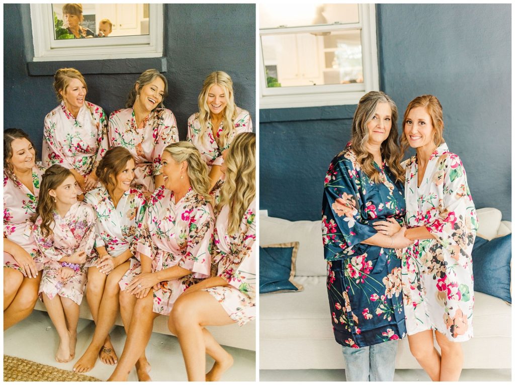 bride and bridesmaids and mom posing in their robes while getting ready