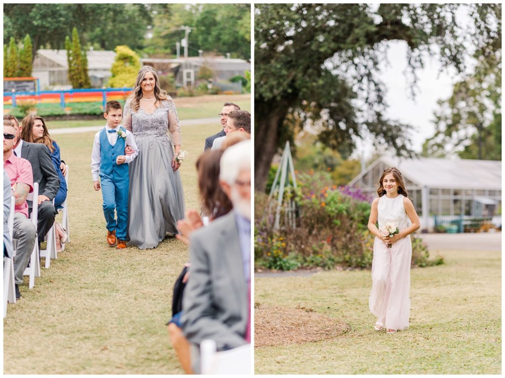 bride's mom, son and daughter walking down the aisle at fall wedding