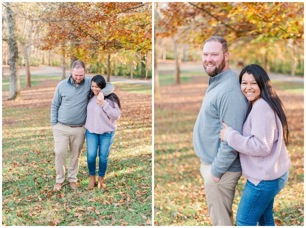 couple walking together during a fall engagement session in Winston-Salem