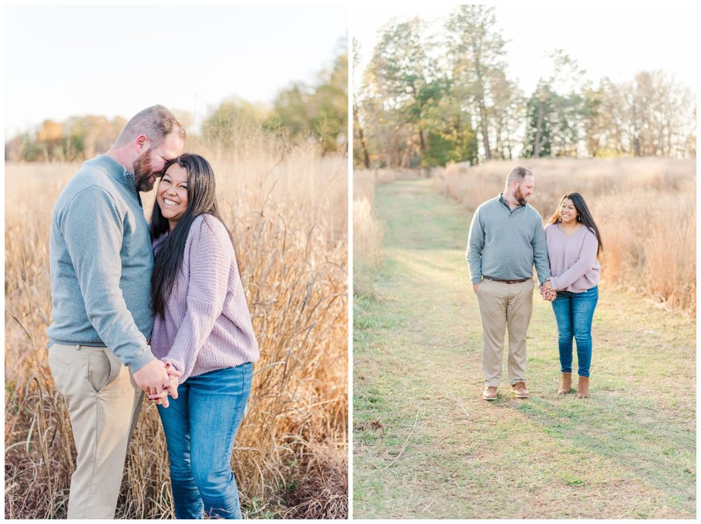 couple walking between the fields at Winston-Salem engagement session