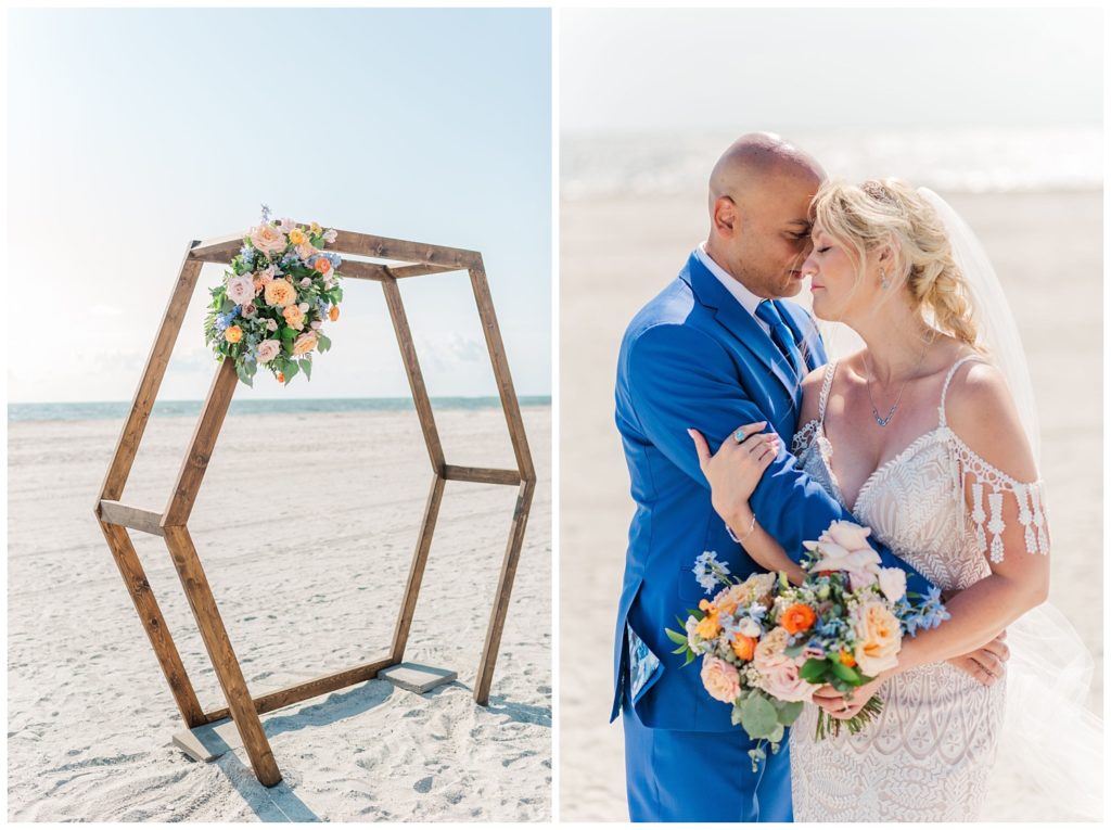wooden arch with flowers on Carolina Beach set up by wedding planner in Wilmington, N.C. 