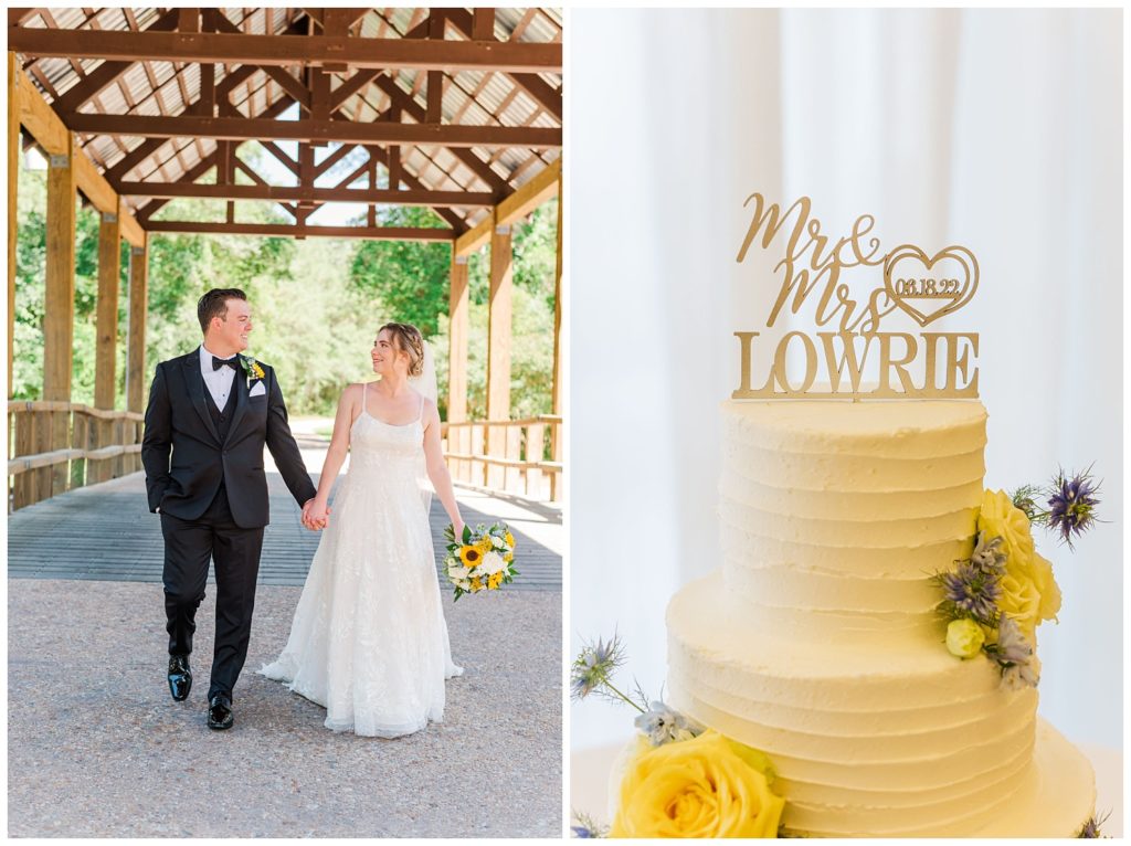 wedding cake with yellow flowers at reception planned by Sarah Ann Events