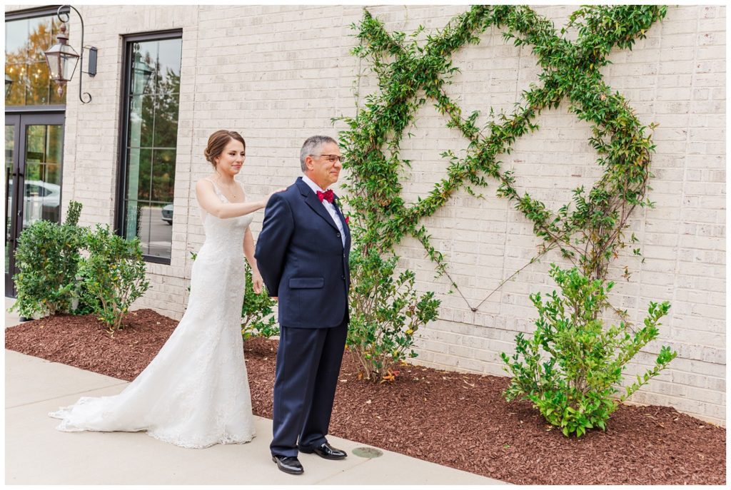 first look with bride and dad at fall wedding in Raleigh