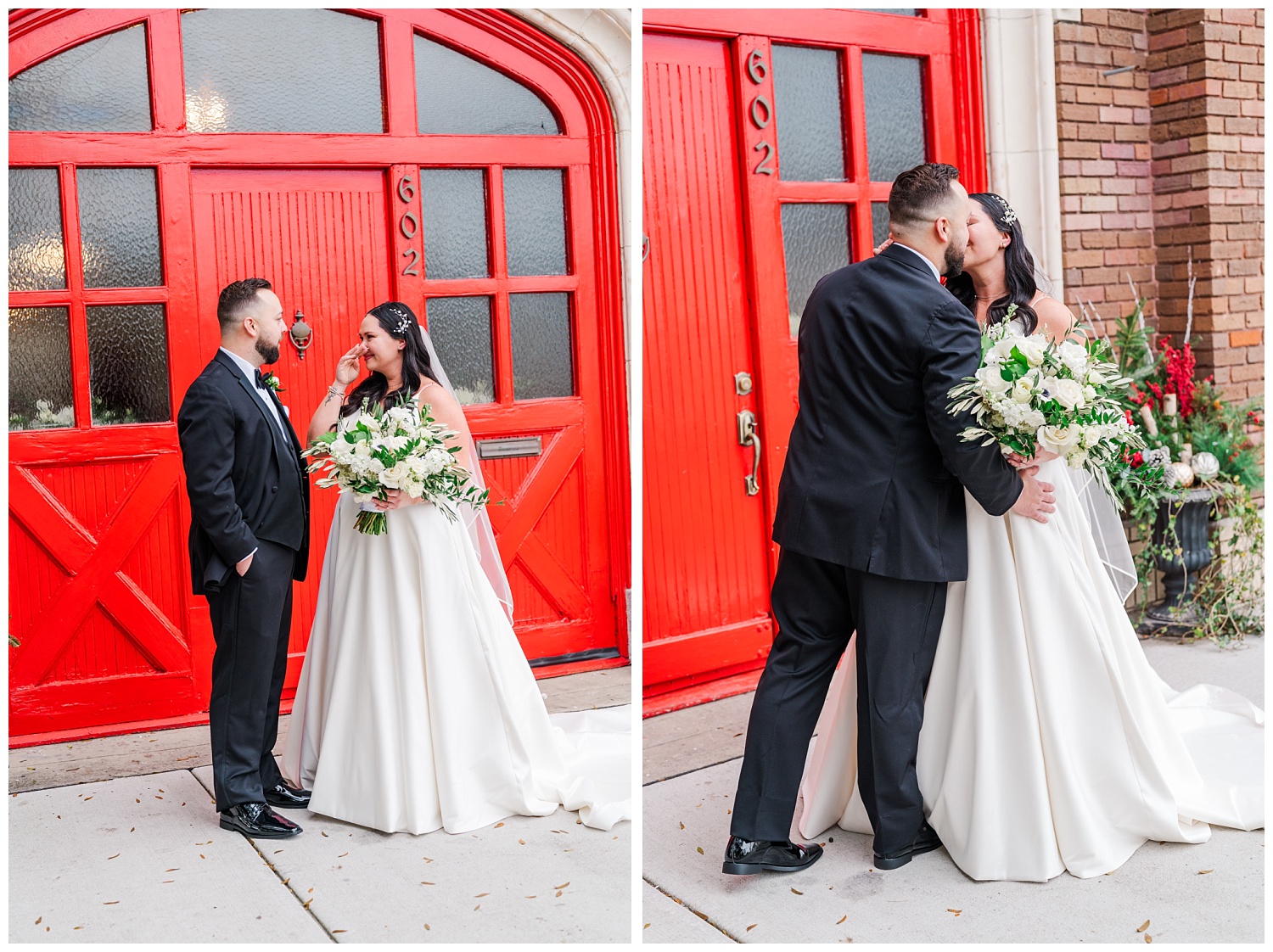 first look with groom and bride at red doors at Station No.2 in Wilmington