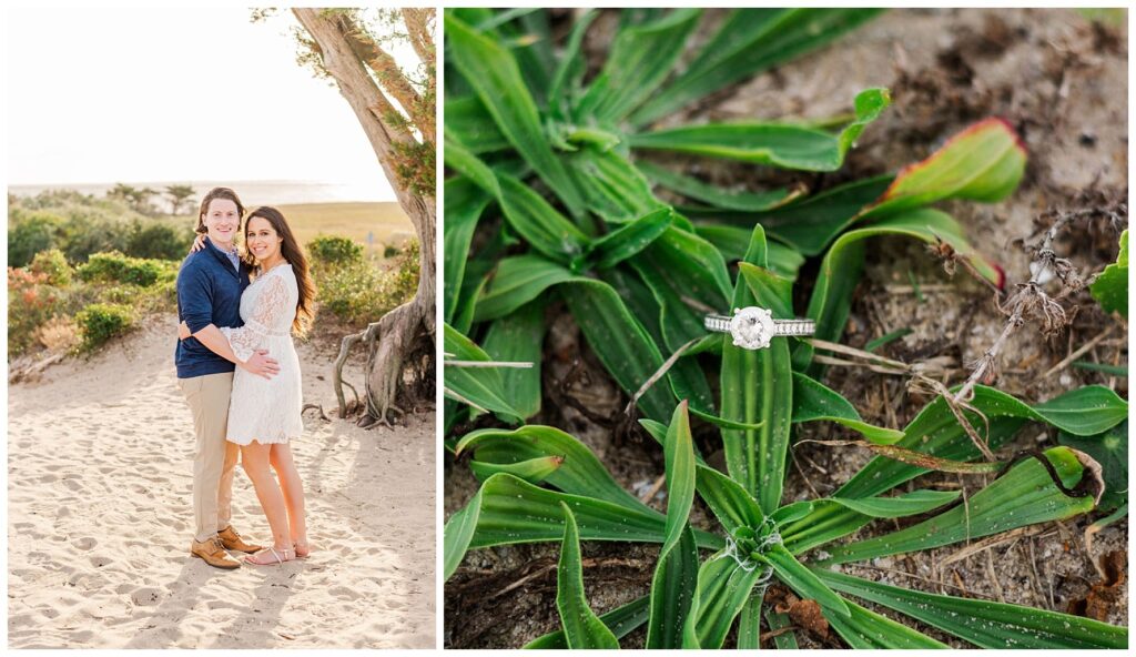 engagement ring sitting on top of green leaves at beach