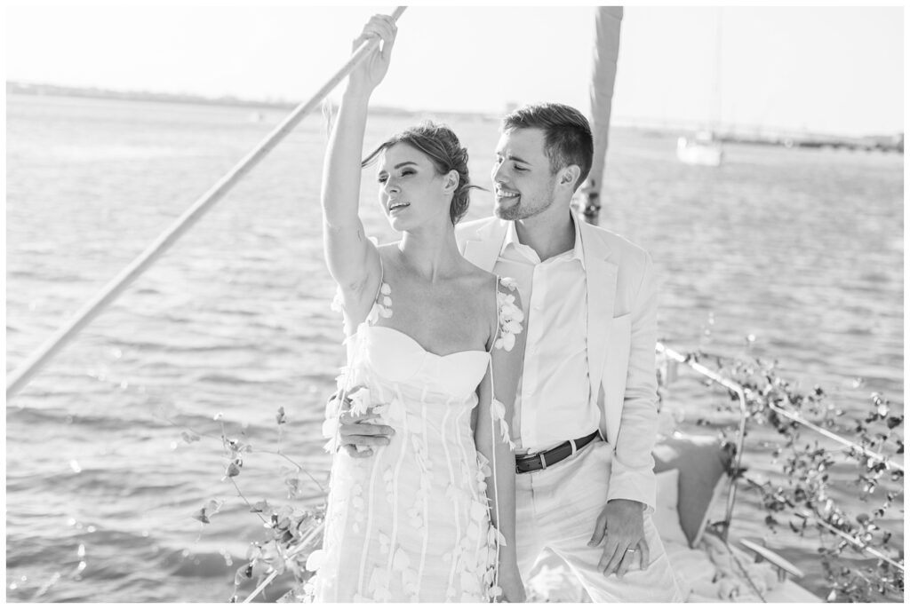 couple smiling at dockside elopement Charleston styled shoot