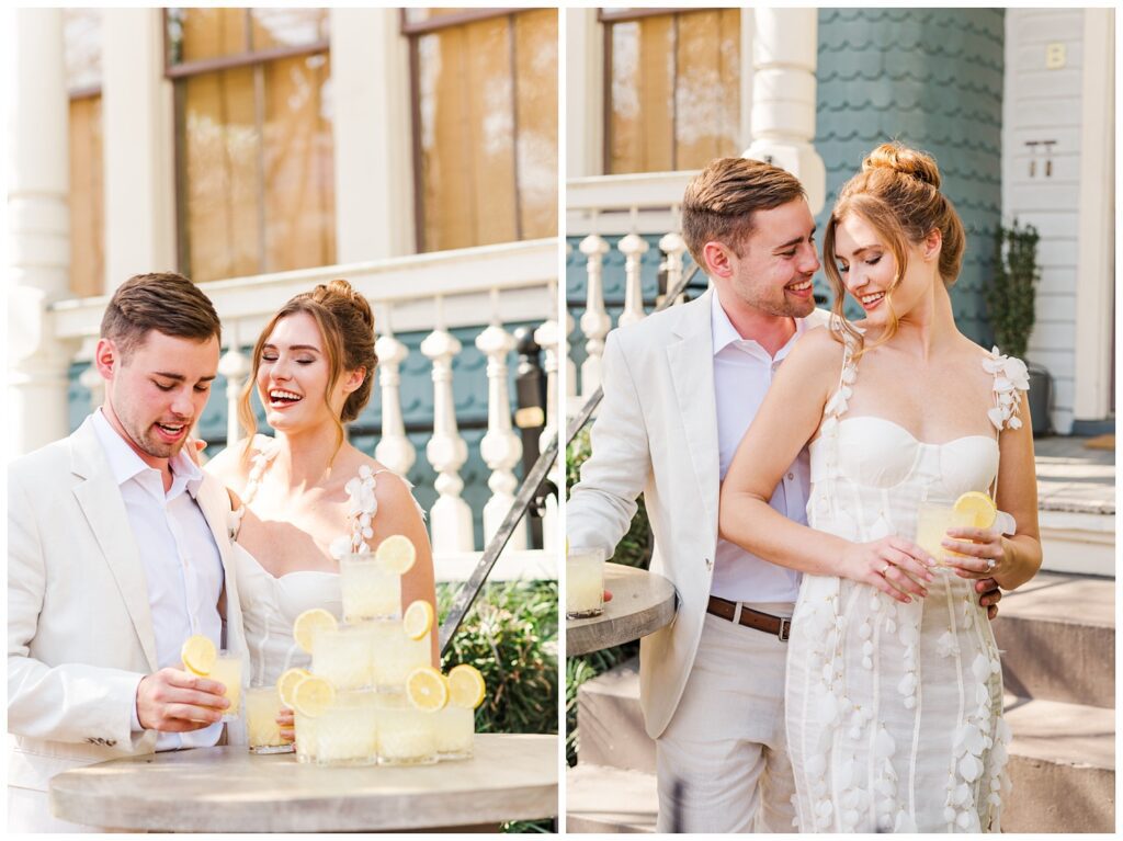 styled shoot couple drinking lemonade cocktails at eleopement