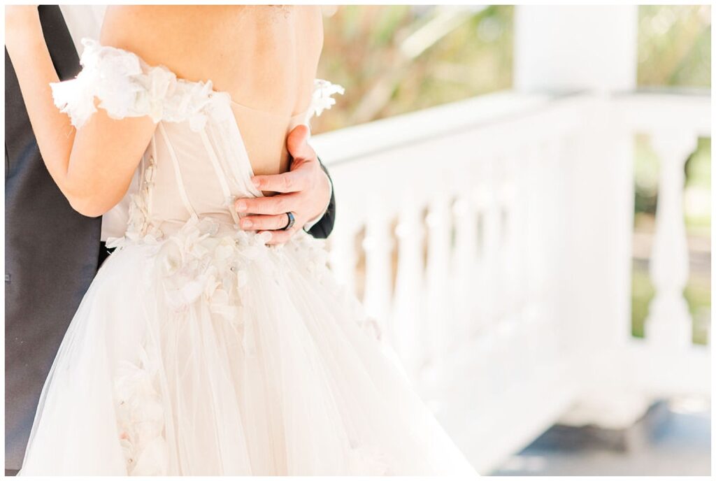 close up of back of bride's gown at Charleston wedding venue