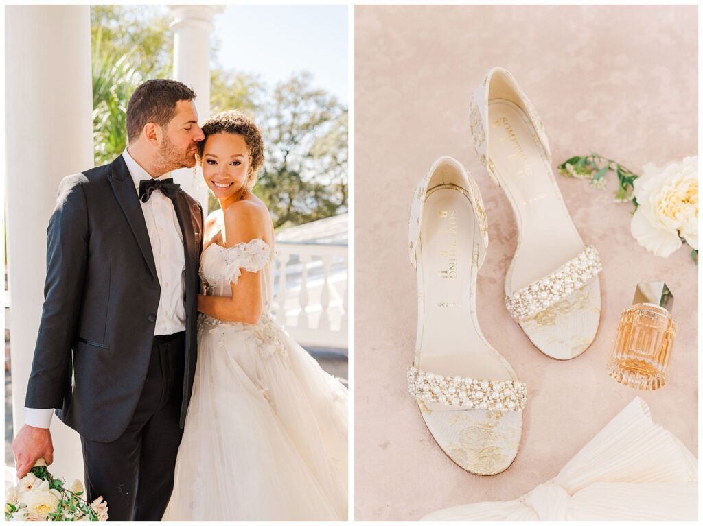 bridal shoes flat lay at wedding venue in Charleston, S.C.