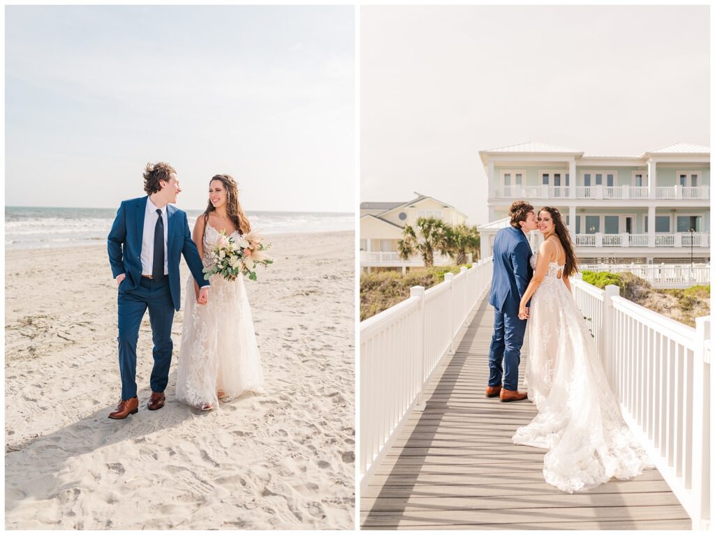 bride and groom kissing on the dock at ocean front beach house