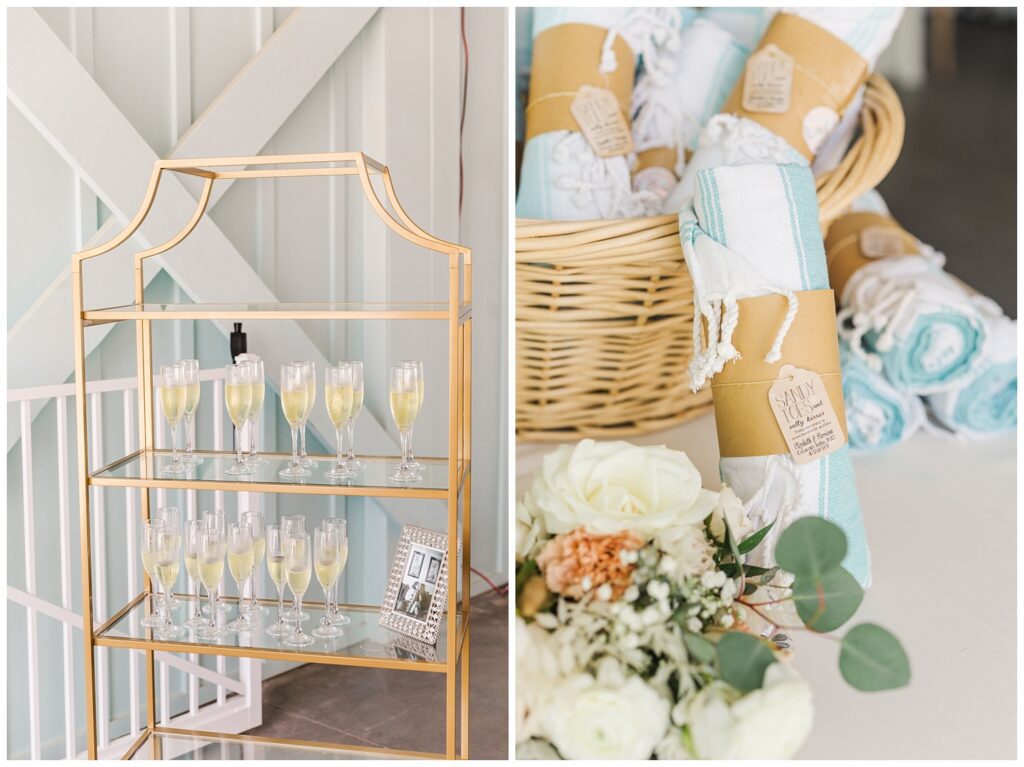 champagne tower and blue hand towels at North Carolina beach wedding 