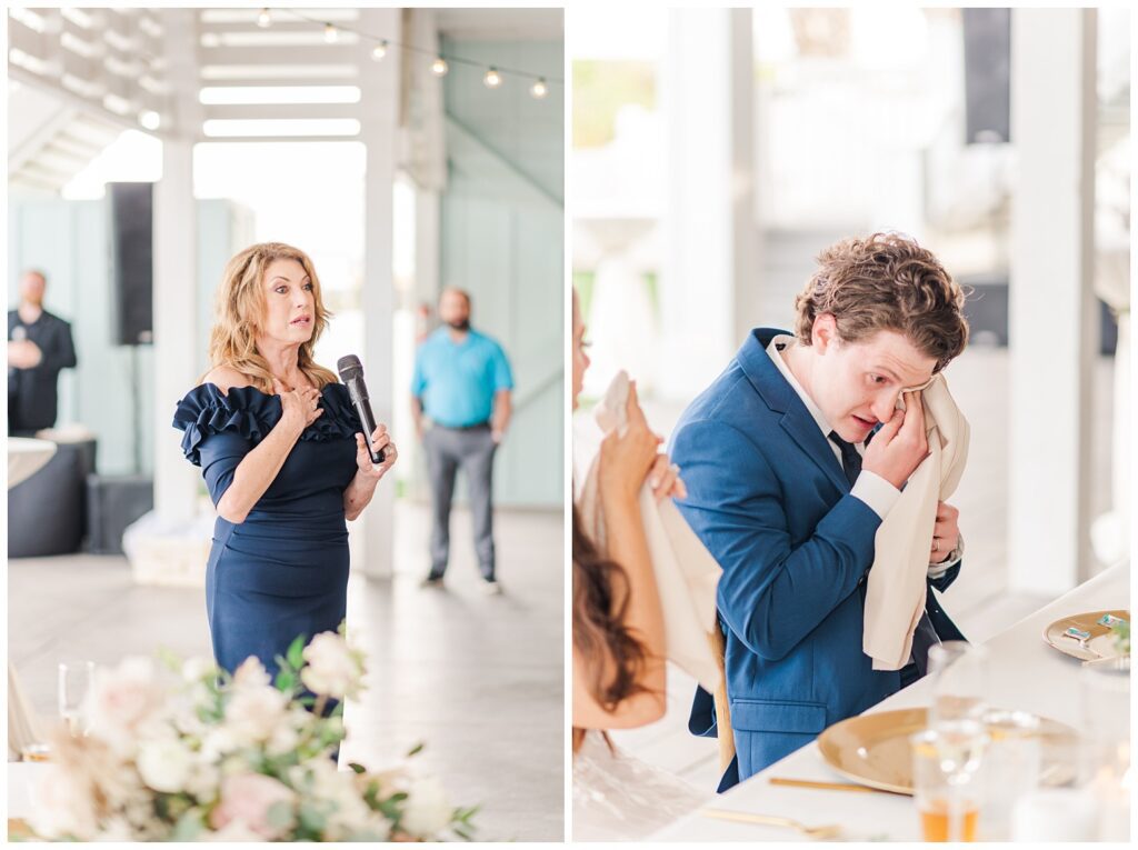 mom of groom giving wedding toast at reception in Ocean Isle