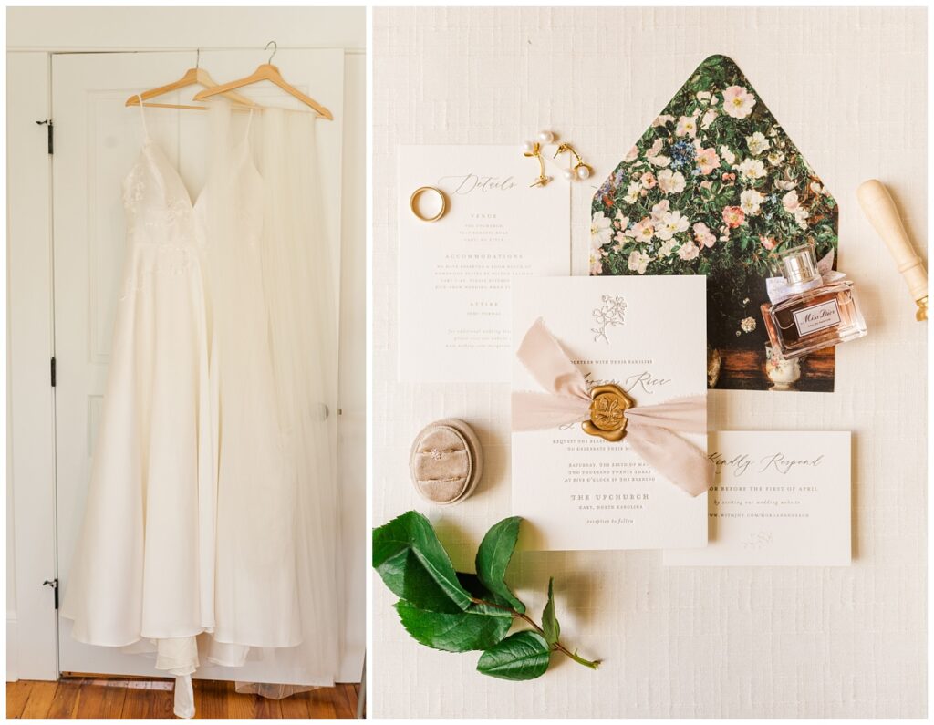wedding dress and flat lay details at Apex, NC ceremony