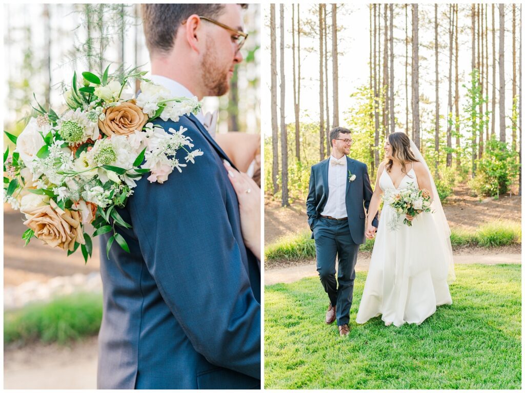 wedding couple walking together in front of pine trees