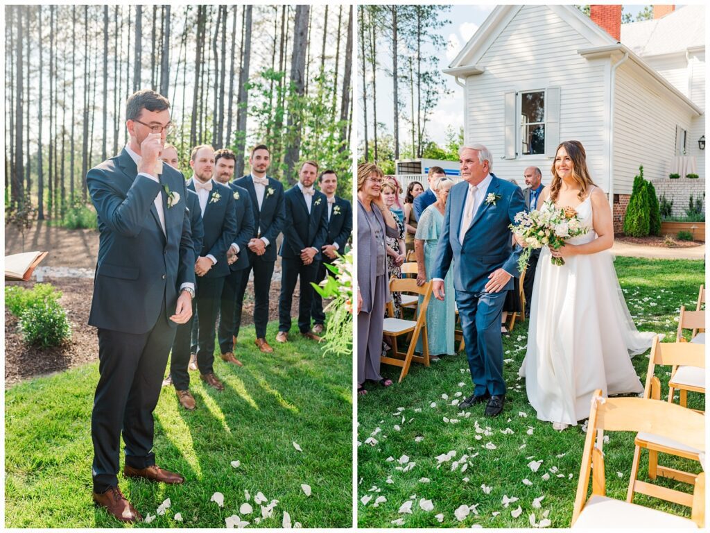 groom crying watching bride walking down the aisle at outdoor ceremony