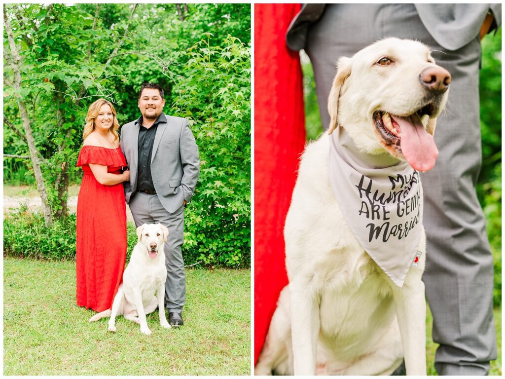 couple posing with their white dog wearing a white bandana in Fayetteville