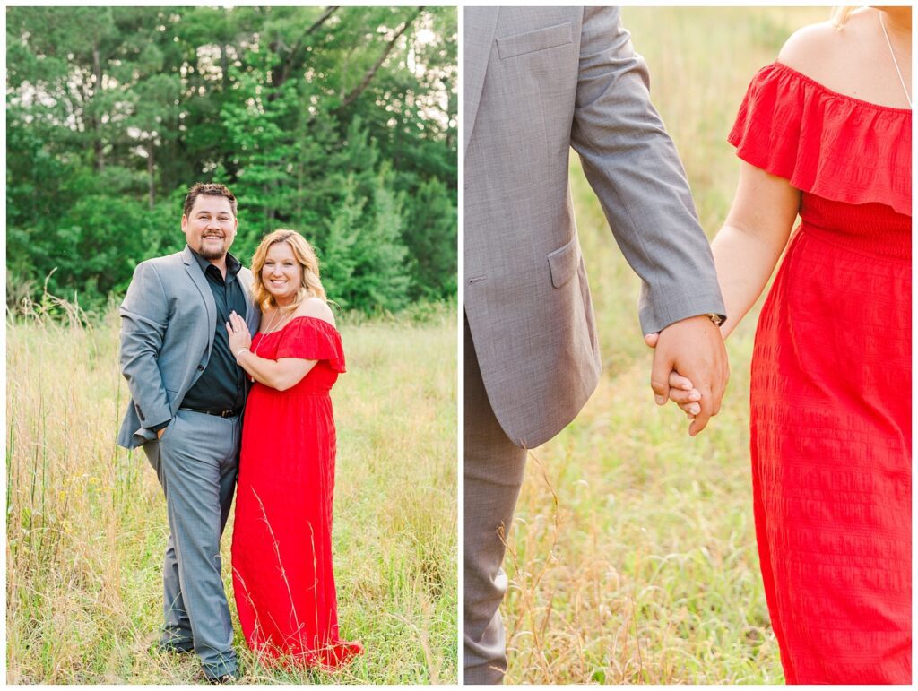 couple holding hands and walking through a field in Fayetteville, NC