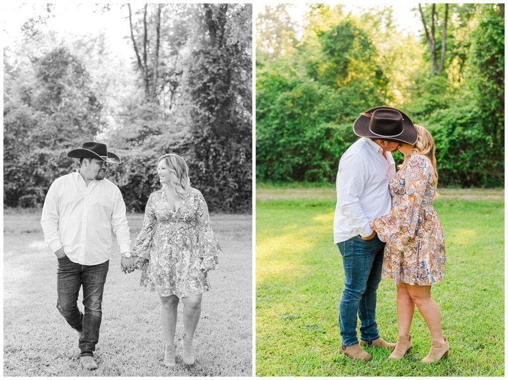 engagement couple kissing on a farm in Fayetteville