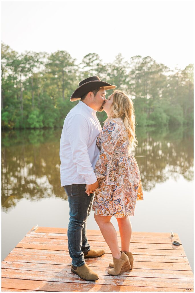 spring engagement session on a pond in Fayetteville, NC