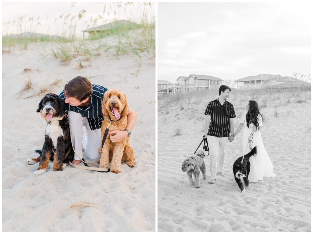 engagement couple walking their dogs on the beach in Wilmington