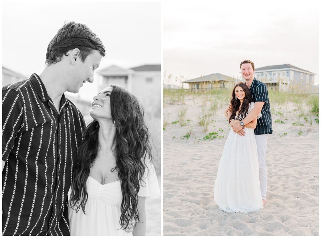engaged couple hugging at a beach session in Wilmington