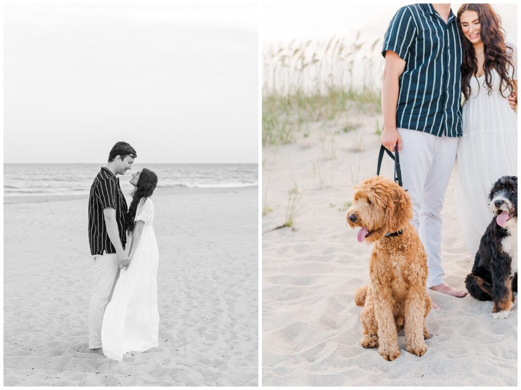 summer engagement session with dogs on the beach in North Carolina